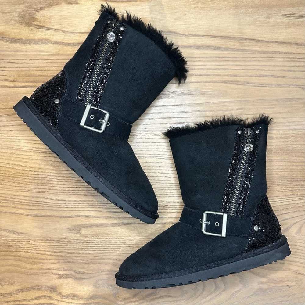 UGG Blaise Glitter Moto Sheepskin Black Suede Winter Boots Zipper Buckle Detail
